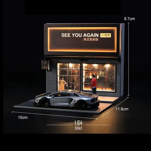 1:64 Scale Miniature See You Again Coffee Shop Scene – Simulation Display with LED Lighting(Excludes Figurines and Car Models)