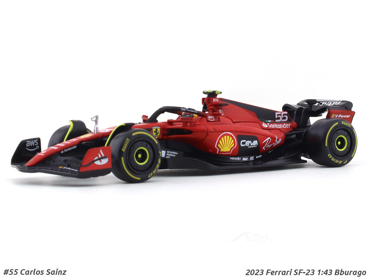 Bburago 1:43 Scale Ferrari SF-23 Carlos Sainz #55 Die-cast Model Car, Official F1 Licensed Racing Car with Display Stand