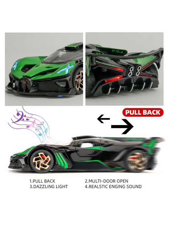 1:32 Scale Bugatti Bolide "Fire Meteor" Alloy Die-cast Model, Track-Only Hypercar Replica with Lights and Racing Sound
