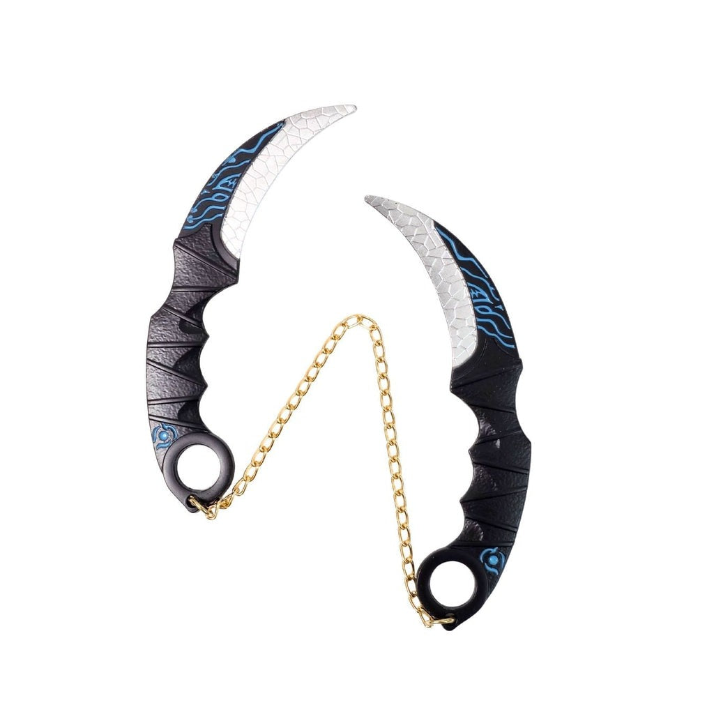 Blue-Black  Double Chained Metal Kunai Pocket, folding and rotating karambit knife anime toy