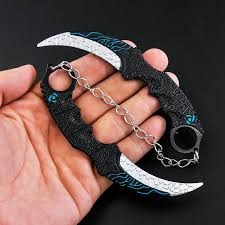 Blue-Black  Double Chained Metal Kunai Pocket, folding and rotating karambit knife anime toy